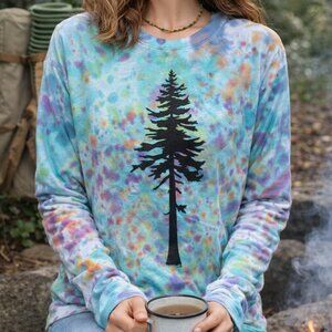 Hand-Dyed Tie-Dye Long Sleeve Shirt – Evergreen Tree Graphic – Original Art Tee